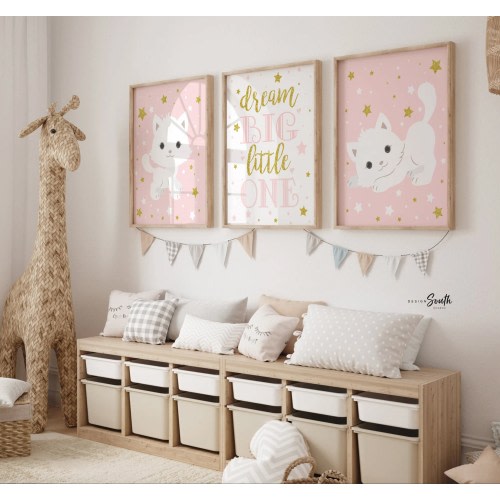 Pink kitty cat, pink nursery decor kitty cat theme, baby girl pink kitten art, dream big little one cat lovers meow kitty, kitten wall decor