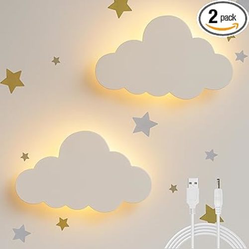 Cloud Wall Lights 2 Pack for Nursery – Dimmable & Rechargeable Night Lights for Baby Room Decor (Star Decals Included)