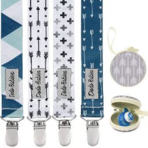 Dodo Babies Pacifier Clip Set - Four Clips Plus Binky Case - Universal Holder Fits Most Paci Brands, Teether Toys