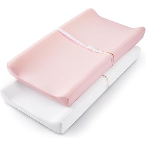 TILLYOU Changing Pad Cover Set in Soft Jersey Material - Fits 32"/34''x16 Contoured Pad for Babies,Peachy Pink & White