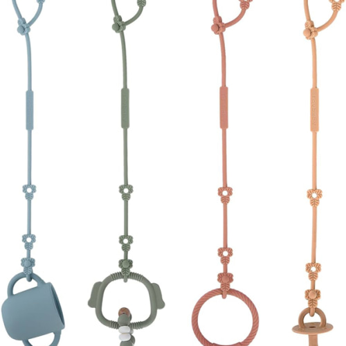 Toy Safety Straps, Silicone Pacifier Clips, Adjustable Stretchable Sippy Cup Straps for Strollers, High Chair, Cribs, Hanging Baskets, Car Seat, Shopping Trolley, 4 Pack, (Ether+Sage+Muted+Apricot)