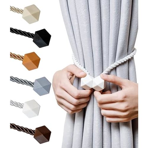 Magnetic Curtain Tiebacks- Upgrade 2022 with a Thicker Twist Rope & Strong Magnet Tieback Window Treatment Holdbacks Draperies Holders Decorative Drape Handmade Tie Back (White, 2)