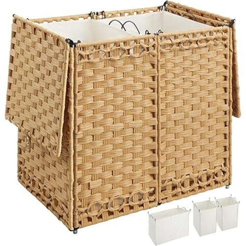 Greenstell Laundry Hamper with Lid and 2 & 1 Removable Liner Bags, No Install Needed, 130L Collapsible Laundry Basket, Wicker Clothes Hamper with Handles, Hamper for Bedroom, Bathroom, Goose Yellow