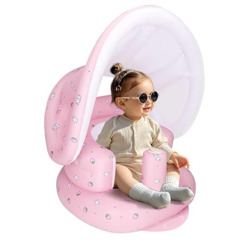 Inflatable Baby Seat with Detachable Canopy and Built-in Pump, Inflatable Baby Chair for Babies 3 Months and Up, Sit Me Up Chair for Outdoor Indoor, Bumbo Seat for Infants, Strawberry