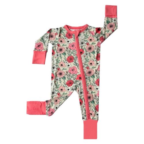 tiny knot co. Infant, Baby Girls Floral Print Convertible Romper, Mitten Cuffs & Footies with Grippers TENCEL Modal One Piece Pajamas, 0-3 Months