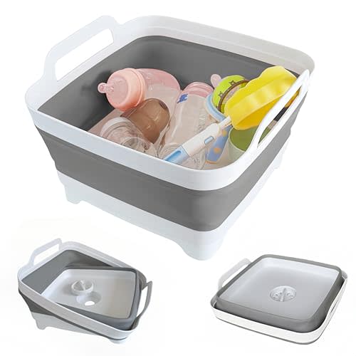 GIMWA Collapsible Wash Basin for Baby Bottles - 2.4 Gallons Portable Wash Bin for RV Camping Sink, Space-Saving Dish Tub (Gray)