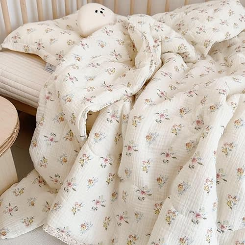 BuLuTu | (Azalea) 100% Cotton Muslin Nursery Blanket for Toddlers Girls Boys Baby Quilt Soft Cotton Toddler Blanket Crib Quilt for All Seasons, Lightweight Breathable, Washable, Azalea Pattern, 47x59 Inches