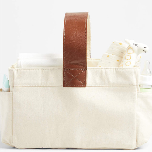 Canvas Diaper Caddy Organizer with Brown Leather Handle