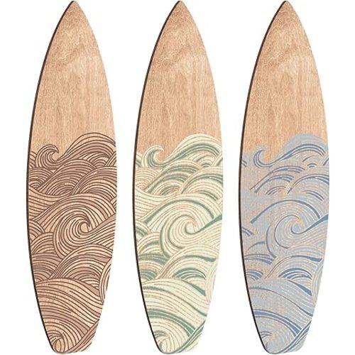 RattanView 3 Pieces Surfboard Wooden Wall Decor for Bedroom Wave Surfboard Beach Decor Summer Wood Wall Hanging Sign for Tropical Bedroom Living Room Decoration (Mixed Color,23.62" X 6.69")