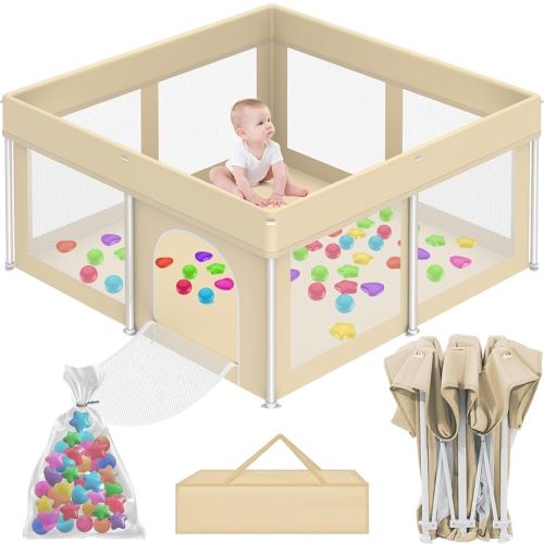 Foldable Playpen for Babies and Toddlers, 50"×50" Portable Playard with Carry Bag & 50 Ocean Balls, Indoor & Outdoor Baby Fence with Thick Mesh, No Assembly Required, Mat Not Included, Beige