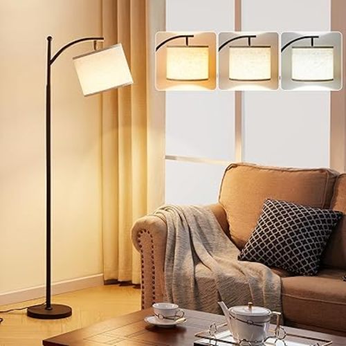 Ambimall 60" Floor Lamps for Living Room with 3 Color Temperatures Bulb & Adjustable Linen Shade, Tall Lamp for Living Room Bedroom Office Classroom Dorm Room(9W Bulb Included)