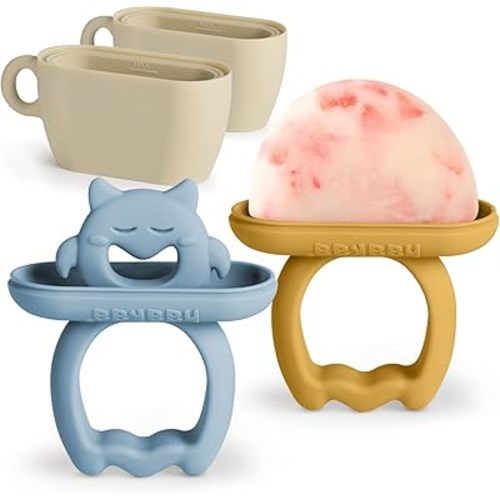 Haakaa Chilly Monster Popsicle Molds, Silicone Breastmilk Popsicle Molds for Baby Teething Relief, BPA Free Ice Pop Molds&Frozen Breast Milk Teether Popsicle Maker for Infant 6m+ (Sky Blue + Mustard)