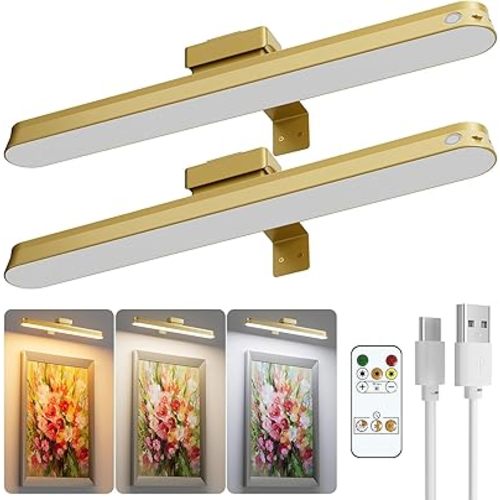 Picture Lights for Wall Battery Operated, 2-Pack 16in Magnetic Rechargeable Picture Light with Remote, Dimmable, Timer Painting Light,Art Display Light for Picture Frame Artworking Portrait, Gold