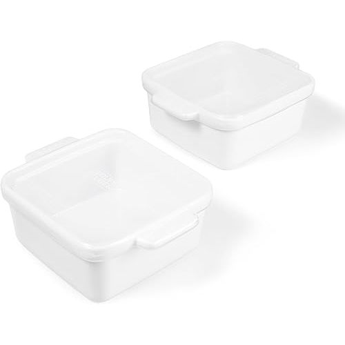 Souper Cubes Stoneware - 5" x 5" Baking Dishes for Oven with Silicone Covers, Premium Mini Ceramic Baking Dishes, Perfect for Reheating Individual Portions in Oven or Microwave, Set of 2 - White
