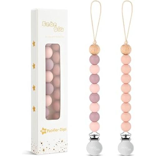 2 Pack Pacifier Clips, Silicone Pacifier Clip for Baby Boys and Girls, Baby Pacifier Strap with Silicone Beads, Pacifier Holder, Keeps Pacifier Clean (Mauve/Muted)