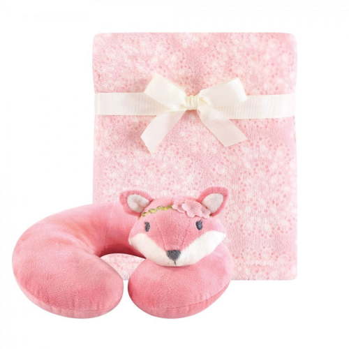 Hudson Baby Infant Girl Neck Pillow and Plush Blanket Set, Miss Fox, One Size