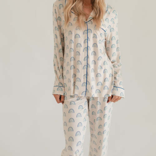 Women's Button Up Set In Blue Rainbows