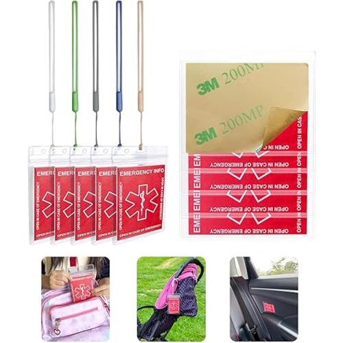 Emergency Contact Card 10 Pack with 10 Card Sleeves - Child ID Card for Car Seat Safety Stickers and Backpack Tags for Kids