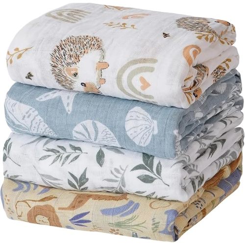 4 Set Muslin Swaddle Blankets for Newborn Baby Boys, Girls,Receiving Blankets-Cute Soft Print Baby Towel Wrap 120x110cm Baby (Animal)