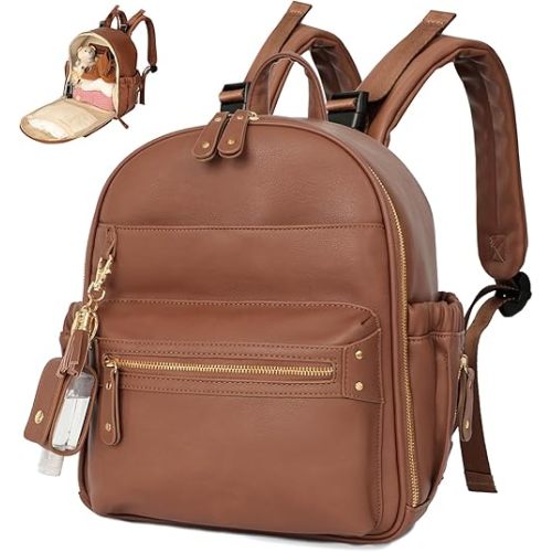 Miss Fong Mini Diaper Bag Backpack - Leather Diaper Bag Organizer, 11 Pockets, Insulated, Hand Sanitizer Holder