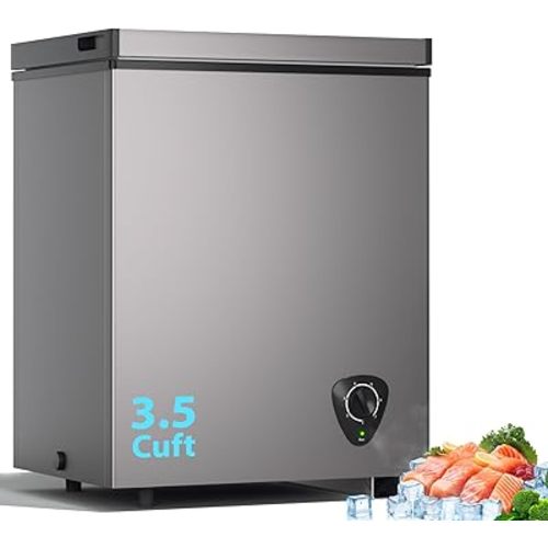 3.5 Cu.Ft Small Chest Freezer, Mini Deep Freezer with Removable Basket, Adjustable Temperature, Free Standing Top Open Door Energy Efficient Compact Freezer for Apartment, Home, Office, Garager，Gray