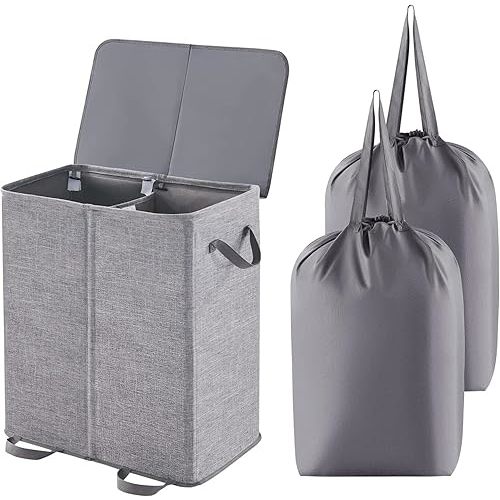 Lifewit Double Laundry Hamper with Lid and Removable Laundry Bags, Large Collapsible 2 Dividers Dirty Clothes Basket with Handles for Bedroom, Laundry Room, Closet, Bathroom, College, 136L Grey