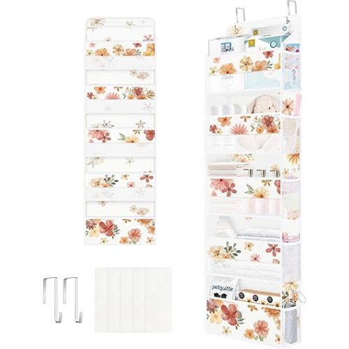 Clastyle Flower Over the Door Organizer Leaf Nursery Hanging Storage Organizer for Women Girls Clothes Diaper Toy Closet Door Hanging Shelf Storage for Bedroom Bathroom Pantry, Brown, 5-Tier