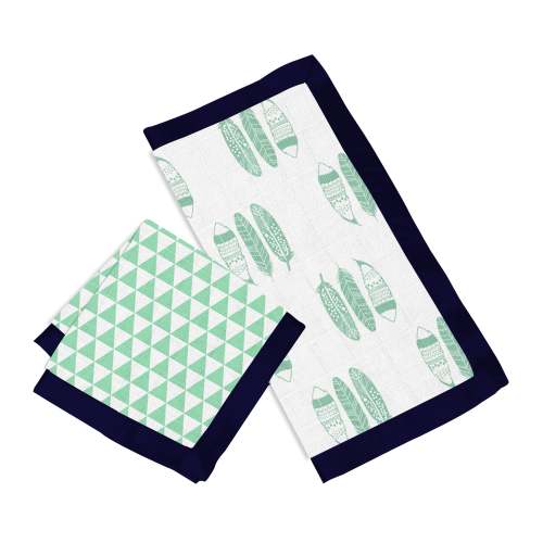 Bacati - Muslin 2 pack Security Blankets Boys Feathers Triangles Mint Navy