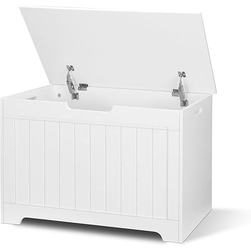 SUPER DEAL Storage Chest, 30 inches Chest Box Organizer with 2 Safety Hinges, Wooden Entryway Storage Bench, White