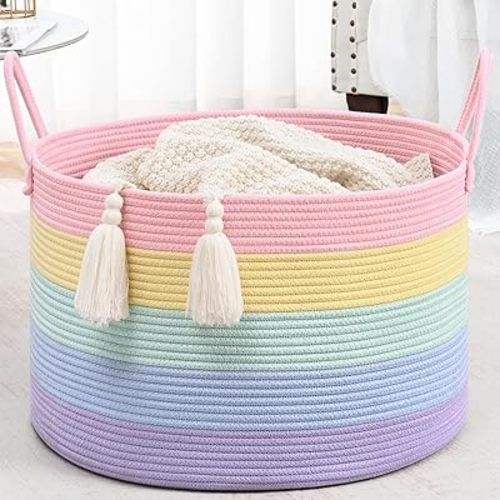 Rainbow Storage Basket for Organizing, 20"×13" Large Laundry Baskets, Cotton Rope Woven Blanket Basket, Toy Storage for Kids, Collapsible Blankets Storage for Living Room, Nursery Room