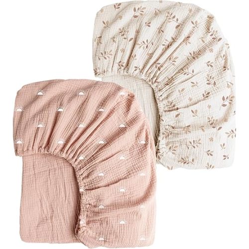 Konssy Muslin Crib Sheets for Girl Boy, 2 PCS Soft and Breathable Cotton Baby Sheets for Standard Crib Mattress, 52"x 28" (Pink Sun,Khaki Leaf)