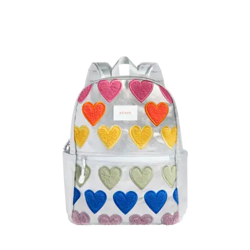 STATE Bags | Kane Kids Double Pocket Backpack Metallic Fuzzy Hearts