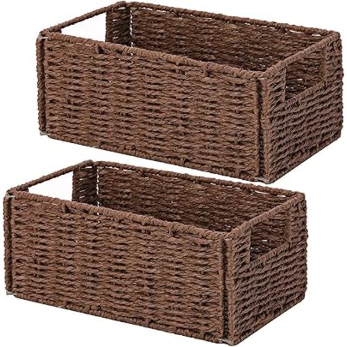 Vagusicc Wicker Storage Basket, Set of 2 Hand-Woven Paper Rope Wicker Basket, Small Storage Baskets for Organizing Toilet Paper Basket, Foldable Large Cube Storage Organizer Bins for Shelves (Brown)