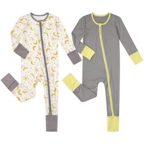 Teach Leanbh Unisex Baby 2 Pack Bamboo Viscose Pajamas with Mittens and Feet Cuffs 2 Way Zipper Long Sleeve Romper
