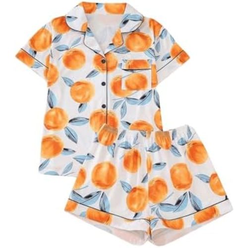 Verdusa Women's 2 Piece Sleepwear Button Down Pajama Sets Short Sleeve Shirt and Shorts