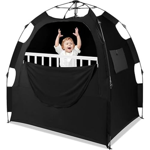 Blackout Tent for Pack N Play: Portable Baby Sleep Pod with 1-Click Setup, Mini Crib Cover with Monitor and Fan Pouches, Blocks 95% of Light, Travel Crib Canopy