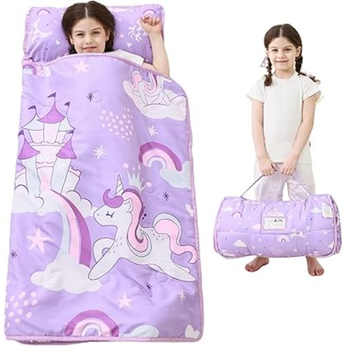 Toddler Nap Mat with Pillow and Blanket, Extra Large Rolled Napping Mats,Slumber Bags for Boys Girls,Kids Sleeping Bag for Daycare, Preschool Travel Camping