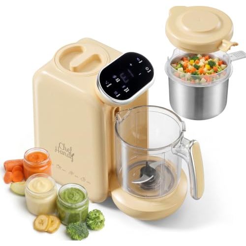 Chefhandy Baby Food Maker, Steamer & Blender with Stainless Steel Basket, Puree Maker with Auto/Manual Blend, Bottle Warmer & Sterili-zer, Safe & Easy-to-Clean Compact Baby Food Processor (Yellow)