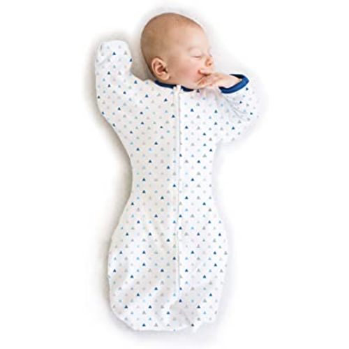 SwaddleDesigns Transitional Swaddle Sack with Arms Up Half-Length Sleeves and Mitten Cuffs, Medium, 3-6 months, 14-21 lb, Tiny Triangles, Blue (Arms Up Swaddle, Transition Swaddle Sleep Sack)