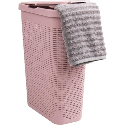 Mind Reader Slim Laundry Hamper with Lid, 40L Clothes Basket, Narrow Tapered Design with Ventilated Cutout Pattern, Plastic, Pink