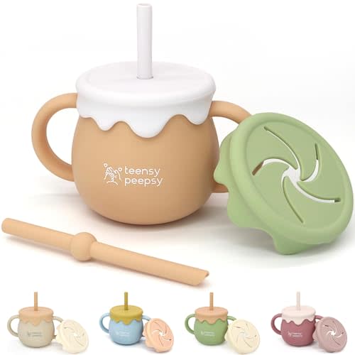 teensy peepsy Honey Jar Pot 3-in-1 Silicone Training Cup 8.5oz, Unisex Baby Sippy Cup with Straw & Snack Lid for 6 months+ Break Resistant Open Cup for Toddler Smoothie Drinkware (Harvest Wood)