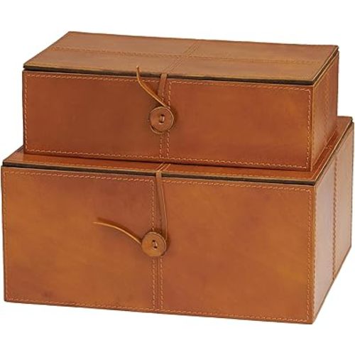 Deco 79 Leather Handmade Decorative Box Storage Decorative Keepsake Boxes with Leather Loop Closure and Detailed Stitching, Set of 2 Storage Boxes 11", 10" W, Brown