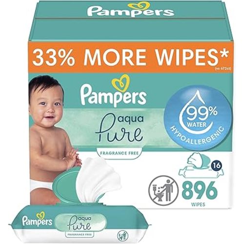 Pampers Baby Wipes Aqua Pure, 99% Water Based Wipes, Hypoallergenic and Unscented Infant Wipe, 896 Total (16 Flip-Top Packs)