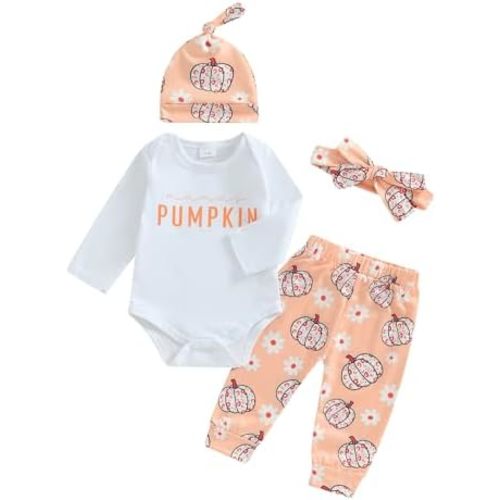 My First Halloween Baby Girl Outfit Mamas Pumpkin Romper Pumpkin Long Pants Headband Hat 4Pcs Halloween Outfit