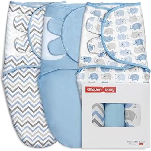 GLLQUEN BABY Swaddle Sleep Sack - 3 Pack Infant Swaddles for Newborn, Baby Swaddling Sack 0-3 Months, Ergonomic Newborn Swaddle Blanket for Baby Boy and Girl, Blue & Elephants