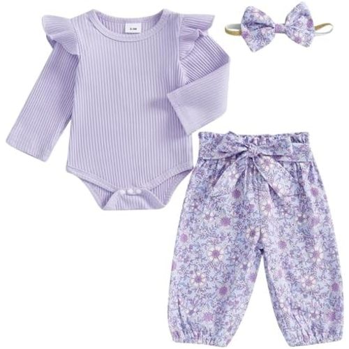 Mubineo Baby Girl Clothes Cute Outfits Ruffle Romper Flower Tops Pant Set Infant Long Sleeve Fall Winter Newborn Outfit