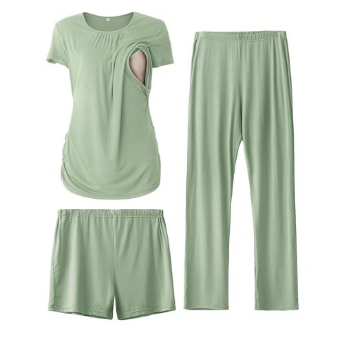 SUNNYBUY Womens Maternity Nursing Pajamas Set, Short Sleeve Breastfeeding Shirts,Pregnancy Shorts & Pants 3 Piece Nursing PJS