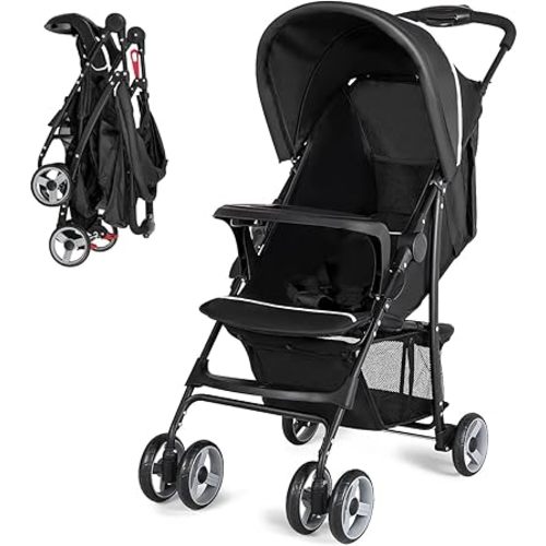 Baby Joy Lightweight Stroller, Compact Toddler Travel Stroller for Airplane, Infant Stroller w/Adjustable Backrest/Footrest/Canopy, 5-Point Harness, Storage Basket, Easy One-Hand Fold, Black