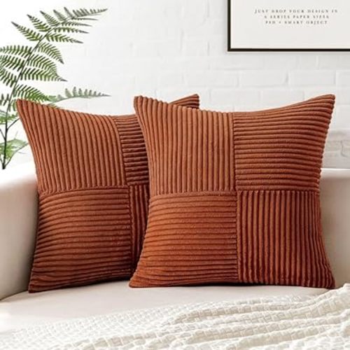 MIULEE Dark Rust Corduroy Pillow Covers Pack of 2 Boho Decorative Throw Pillow Covers Soft Solid Couch Pillowcases Cross Patchwork Textured Cushion Covers for Living Room Bed Sofa 18x18 inch