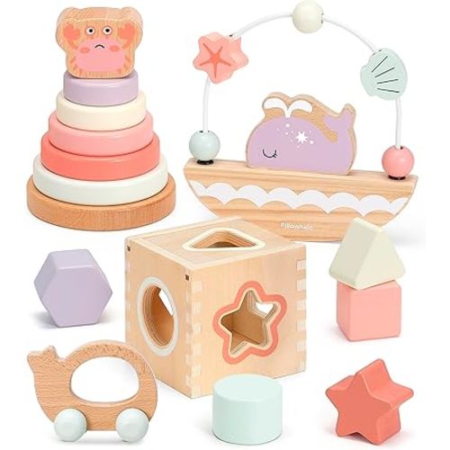 Sensory & Educational Wooden Toy Set for Toddlers 1-3 Years Old - Stacking Rings, Shape Sorter, Push Car, Bead Maze for Boys & Girl